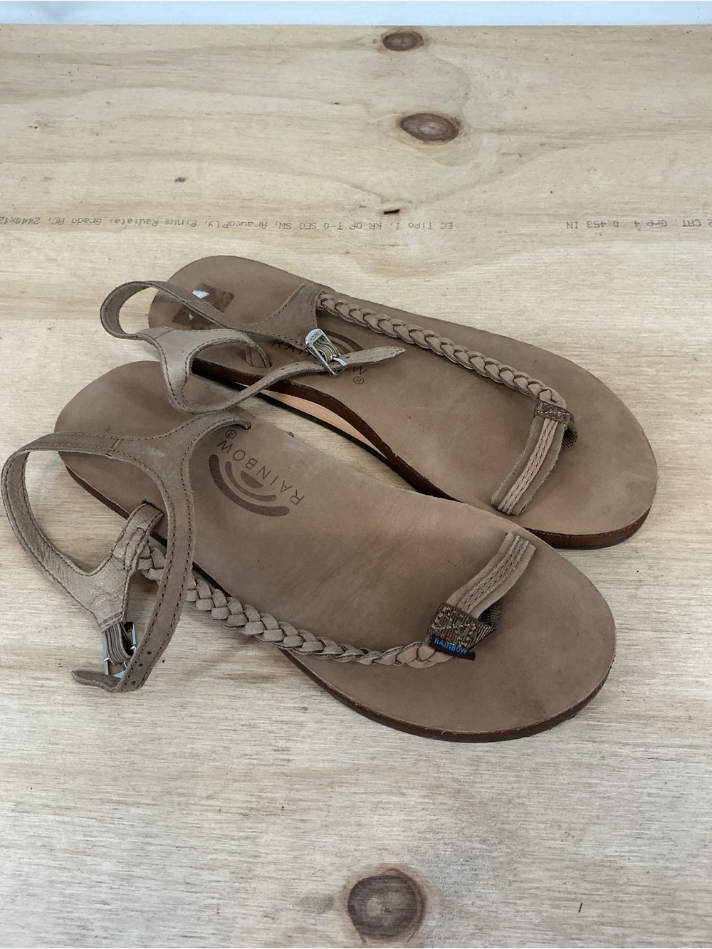 Rainbow Taupe Braided Leather T-Strap Sandals for Women Size 9